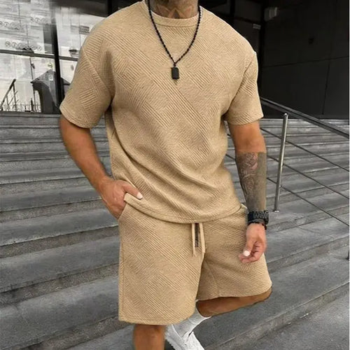 Men’S Solid Shirt and Drawstring Waist Shorts Set—Cozy, Breathable Two-Piece Outfit for Everyday Outdoor Wear; Men’S Summer Clothing., Menswear, Casual