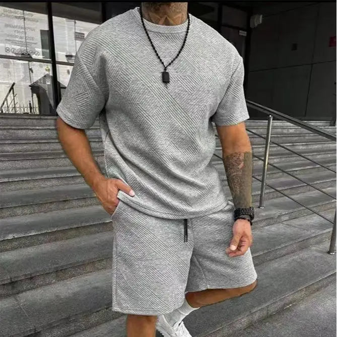 Men’S Solid Shirt and Drawstring Waist Shorts Set—Cozy, Breathable Two-Piece Outfit for Everyday Outdoor Wear; Men’S Summer Clothing., Menswear, Casual