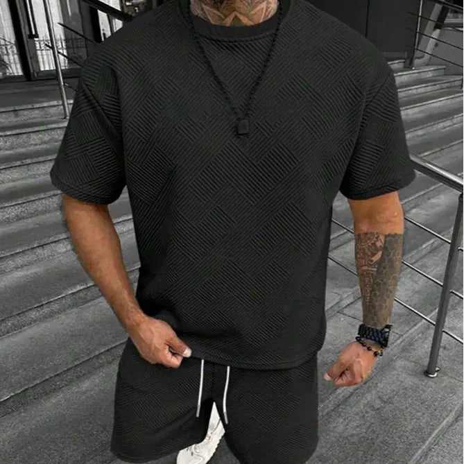 Men’S Solid Shirt and Drawstring Waist Shorts Set—Cozy, Breathable Two-Piece Outfit for Everyday Outdoor Wear; Men’S Summer Clothing., Menswear, Casual