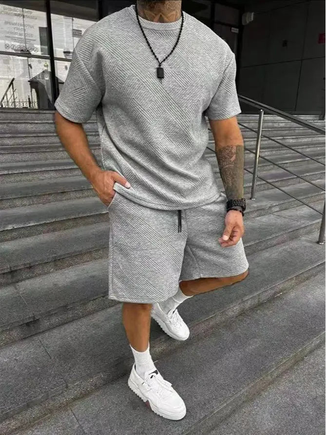 Men’S Solid Shirt and Drawstring Waist Shorts Set—Cozy, Breathable Two-Piece Outfit for Everyday Outdoor Wear; Men’S Summer Clothing., Menswear, Casual