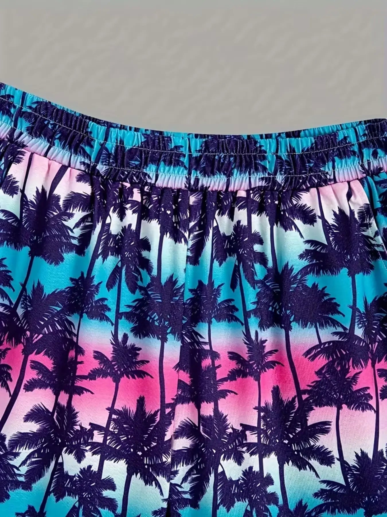 Men'S Short Sleeve Short Pants Set, Coconut Tree Tropical Print round Neck Knit Tee, Summer Vacation Casual Style, Outdoor Sports Comfortable Wear, Shorts Sets Outfits