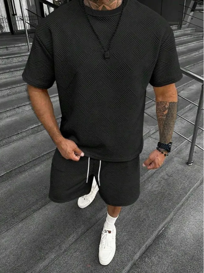 Men’S Solid Shirt and Drawstring Waist Shorts Set—Cozy, Breathable Two-Piece Outfit for Everyday Outdoor Wear; Men’S Summer Clothing., Menswear, Casual