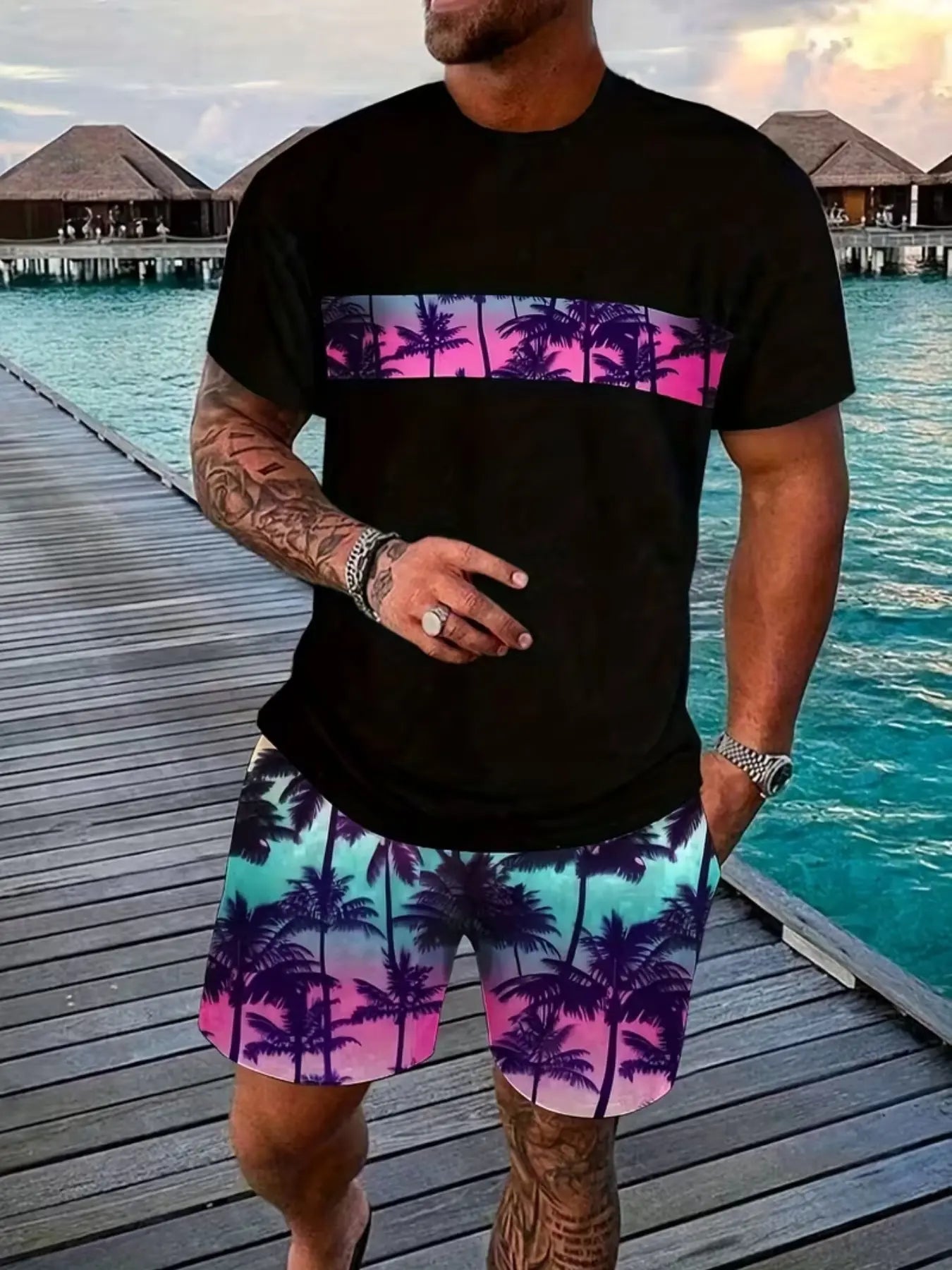 Men'S Short Sleeve Short Pants Set, Coconut Tree Tropical Print round Neck Knit Tee, Summer Vacation Casual Style, Outdoor Sports Comfortable Wear, Shorts Sets Outfits