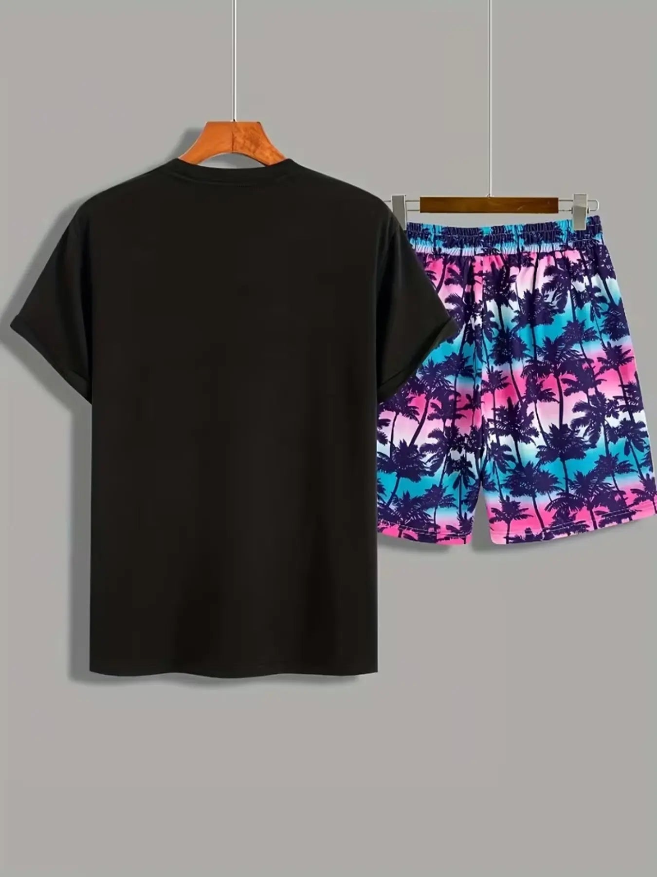 Men'S Short Sleeve Short Pants Set, Coconut Tree Tropical Print round Neck Knit Tee, Summer Vacation Casual Style, Outdoor Sports Comfortable Wear, Shorts Sets Outfits